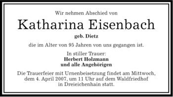 Traueranzeige von Katharina Eisenbach von OFFENBACH-POST/HANAU-POST