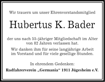 Traueranzeige von Hubertus Bader von OFFENBACH-POST/HANAU-POST