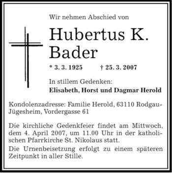 Traueranzeige von Hubertus Bader von OFFENBACH-POST/HANAU-POST
