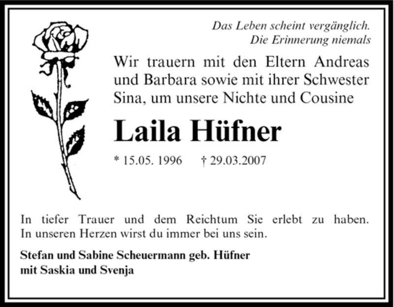  Traueranzeige für Laila Hüfner vom 04.04.2007 aus OFFENBACH-POST/HANAU-POST