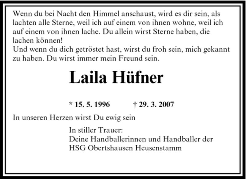  Traueranzeige für Laila Hüfner vom 14.04.2007 aus OFFENBACH-POST/HANAU-POST