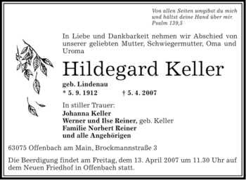 Traueranzeige von Hildegard Keller von OFFENBACH-POST/HANAU-POST