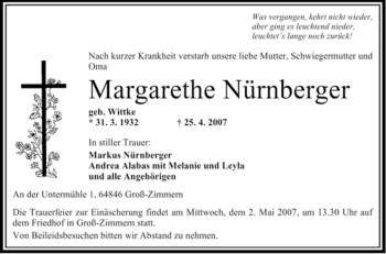 Traueranzeige von Margarethe Nürnberger von OFFENBACH-POST/HANAU-POST