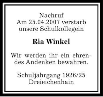 Traueranzeige von Ria Winkel von OFFENBACH-POST/HANAU-POST