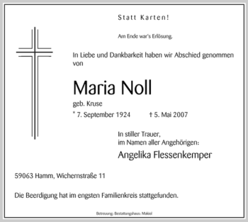 Traueranzeige von Maria Noll von OFFENBACH-POST/HANAU-POST