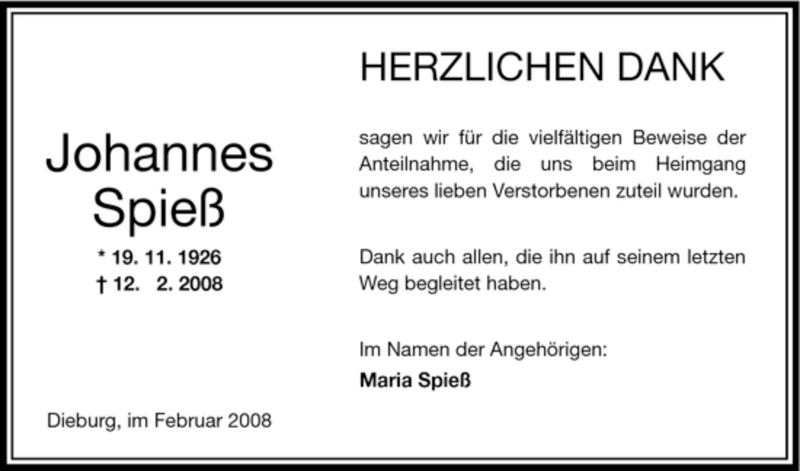  Traueranzeige für Johannes Spieß vom 01.03.2008 aus OFFENBACH-POST/HANAU-POST