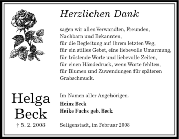 Traueranzeige von Helga Beck von OFFENBACH-POST/HANAU-POST