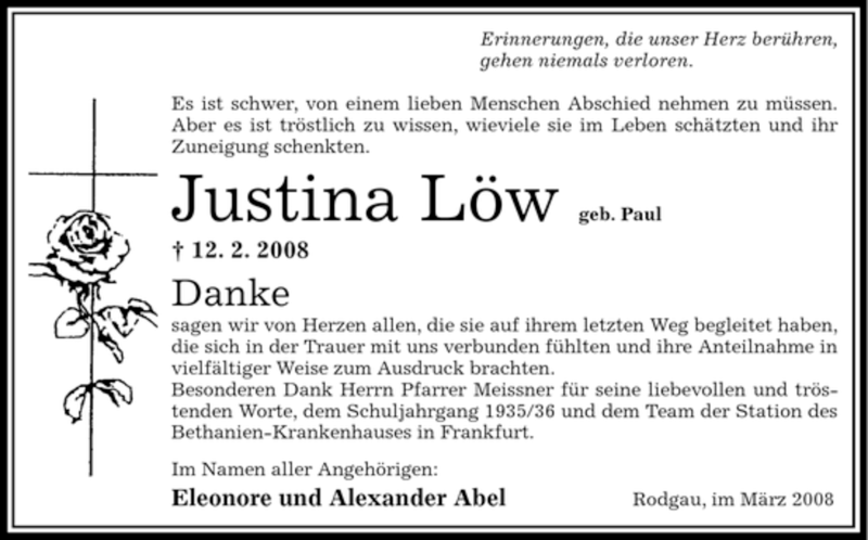  Traueranzeige für Justina Löw vom 15.03.2008 aus OFFENBACH-POST/HANAU-POST