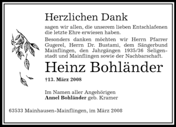 Traueranzeige von Heinz Bohländer von OFFENBACH-POST/HANAU-POST