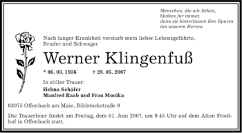 Traueranzeige von Werner Klingenfuß von OFFENBACH-POST/HANAU-POST