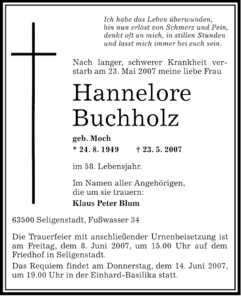 Traueranzeige von Hannelore Buchholz von OFFENBACH-POST/HANAU-POST