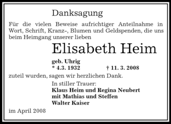 Traueranzeige von Elisabeth Heim von OFFENBACH-POST/HANAU-POST