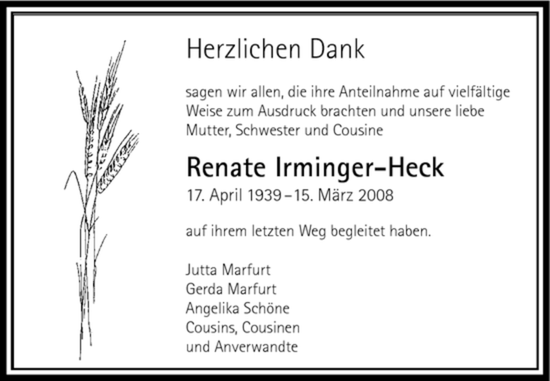  Traueranzeige für Renate Irminger-Heck vom 10.04.2008 aus OFFENBACH-POST/HANAU-POST