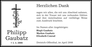 Traueranzeige von Philipp Gaubatz von OFFENBACH-POST/HANAU-POST