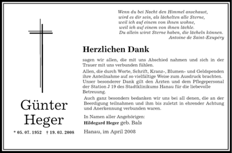  Traueranzeige für Günter Heger vom 19.04.2008 aus OFFENBACH-POST/HANAU-POST