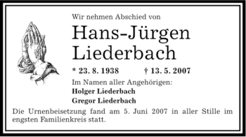 Traueranzeige von Hans-Jürgen Liederbach von OFFENBACH-POST/HANAU-POST