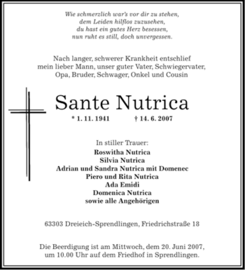 Traueranzeige von Sante Nutrica von OFFENBACH-POST/HANAU-POST