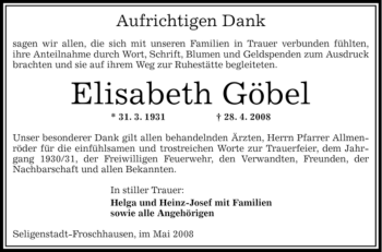 Traueranzeige von Elisabeth Göbel von OFFENBACH-POST/HANAU-POST