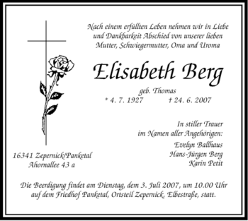 Traueranzeige von Elisabeth Berg von OFFENBACH-POST/HANAU-POST