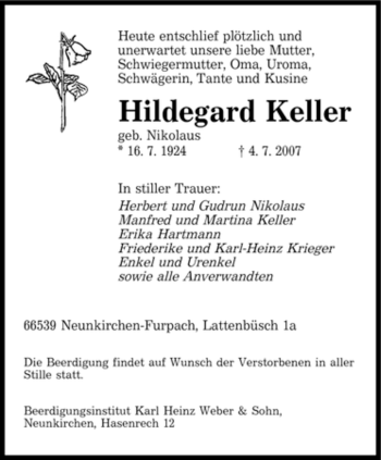 Traueranzeige von Hildegard Keller von OFFENBACH-POST/HANAU-POST