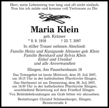 Traueranzeige von Maria Klein von OFFENBACH-POST/HANAU-POST