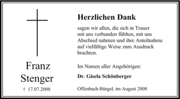 Traueranzeige von Franz Stenger von OFFENBACH-POST/HANAU-POST