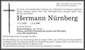 Traueranzeige von Hermann Nürnberg von OFFENBACH-POST/HANAU-POST