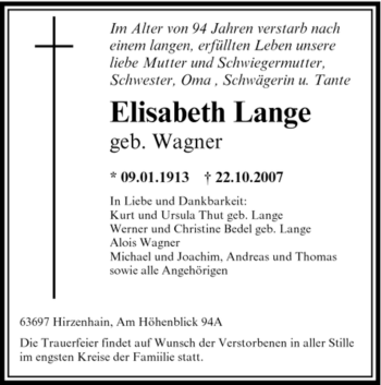 Traueranzeige von Elisabeth Lange von OFFENBACH-POST/HANAU-POST