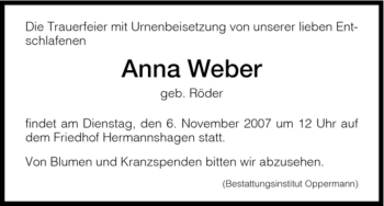 Traueranzeige von Anna Weber von OFFENBACH-POST/HANAU-POST