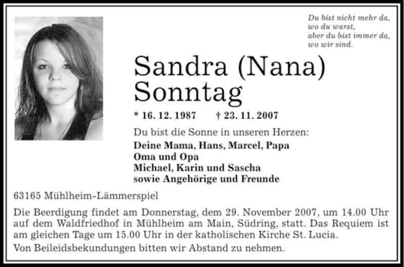  Traueranzeige für Sandra Sonntag vom 28.11.2007 aus OFFENBACH-POST/HANAU-POST