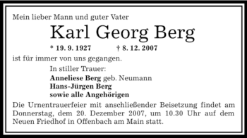 Traueranzeige von Karl Georg Berg von OFFENBACH-POST/HANAU-POST