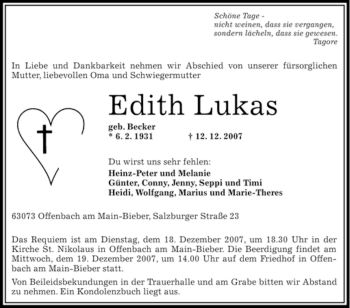 Traueranzeige von Edith Lukas von OFFENBACH-POST/HANAU-POST