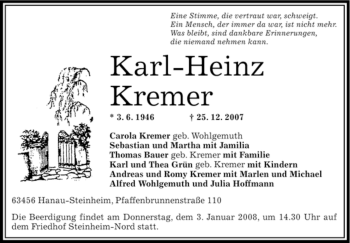 Traueranzeige von Karl-Heinz Kremer von OFFENBACH-POST/HANAU-POST