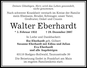 Traueranzeige von Walter Eberhardt von OFFENBACH-POST/HANAU-POST