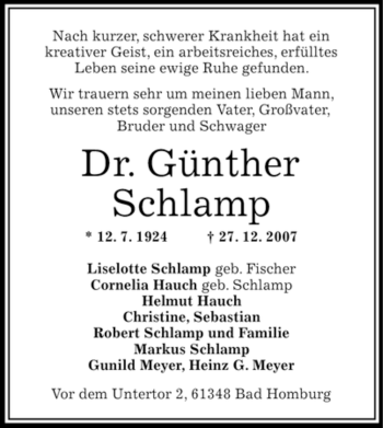 Traueranzeige von Günther Schlamp von OFFENBACH-POST/HANAU-POST