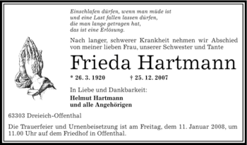 Traueranzeige von Frieda Hartmann von OFFENBACH-POST/HANAU-POST