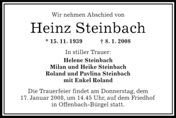 Traueranzeige von Heinz Steinbach von OFFENBACH-POST/HANAU-POST