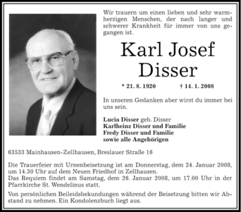 Traueranzeige von Karl Josef Disser von OFFENBACH-POST/HANAU-POST