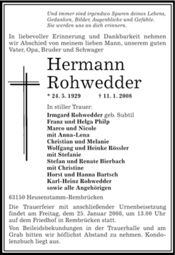 Traueranzeige von Hermann Rohwedder von OFFENBACH-POST/HANAU-POST