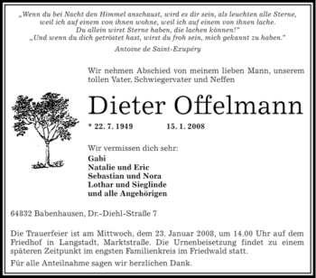 Traueranzeige von Dieter Offelmann von OFFENBACH-POST/HANAU-POST