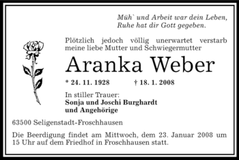 Traueranzeige von Aranka Weber von OFFENBACH-POST/HANAU-POST