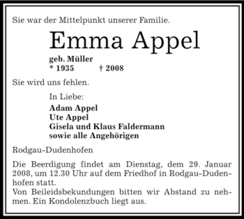 Traueranzeige von Emma Appel von OFFENBACH-POST/HANAU-POST