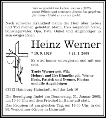 Traueranzeige von Heinz Werner von OFFENBACH-POST/HANAU-POST