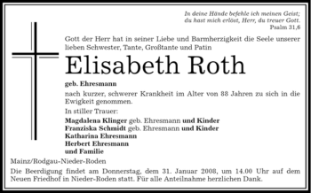 Traueranzeige von Roth Trauer Elisabeth von OFFENBACH-POST/HANAU-POST