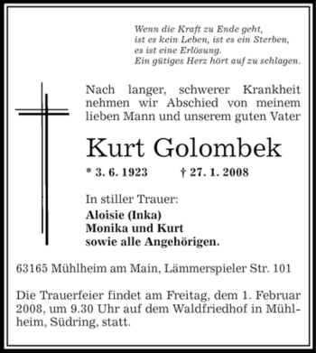 Traueranzeige von Kurt Golombek von OFFENBACH-POST/HANAU-POST