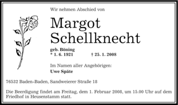 Traueranzeige von Margot Schellknecht von OFFENBACH-POST/HANAU-POST