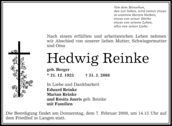 Traueranzeige von Hedwig Reinke von OFFENBACH-POST/HANAU-POST