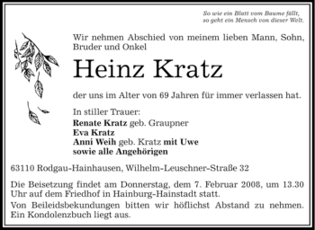 Traueranzeige von Heinz Kratz von OFFENBACH-POST/HANAU-POST