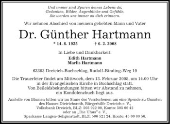 Traueranzeige von Günther Hartmann von OFFENBACH-POST/HANAU-POST