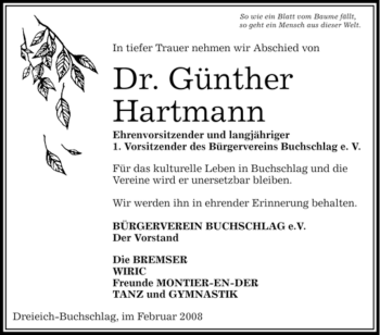 Traueranzeige von Günther Hartmann von OFFENBACH-POST/HANAU-POST